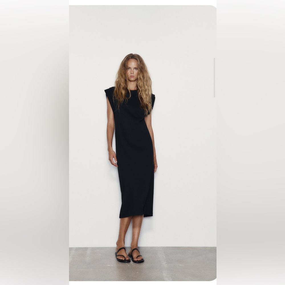 ZARA DELICATE RIB TRIM BLACK MIDI DRESS SIZE M/L NWT